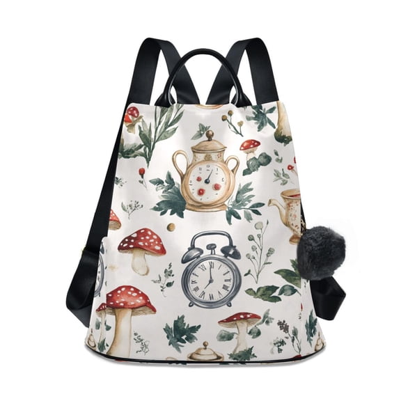 Mushroom Clock Cups Travel Laptops Backpack for Women Anti-theft Casual Work Bag Daypack Lightweight Laptop Bag