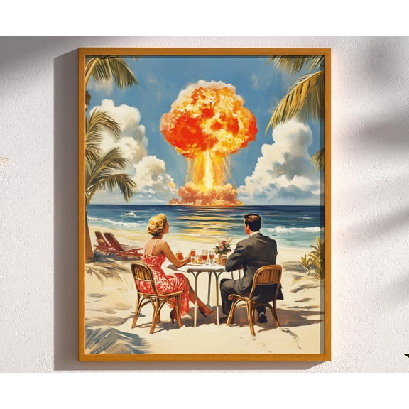 Mushroom Clouds & Martinis Atomic Age Surreal Mushroom Cloud Vintage Retro-future Scifi Mid Century Funny Cosmic Wall Art Decor Print Poster , Poster Print Only