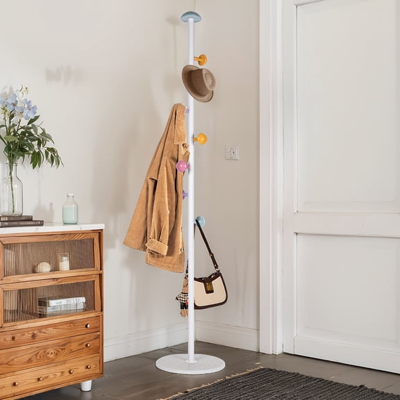 Mushroom Coat Tree with 7 Colorful Hooks, Freestanding Floor Organizer for Coats, Hats & Bags, Space-Saving Entryway Decor for Bedroom & Closet Storage