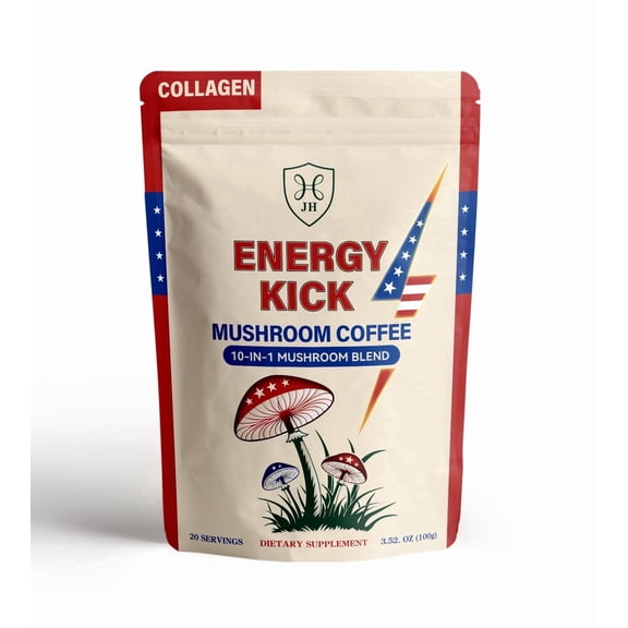JH Energy Kick 10-in-1 Mushroom Coffee with Collagen, Lion's Mane, Cordyceps, Reishi & Chaga, Low Caffeine, Sugar Free, Keto, 20 Servings