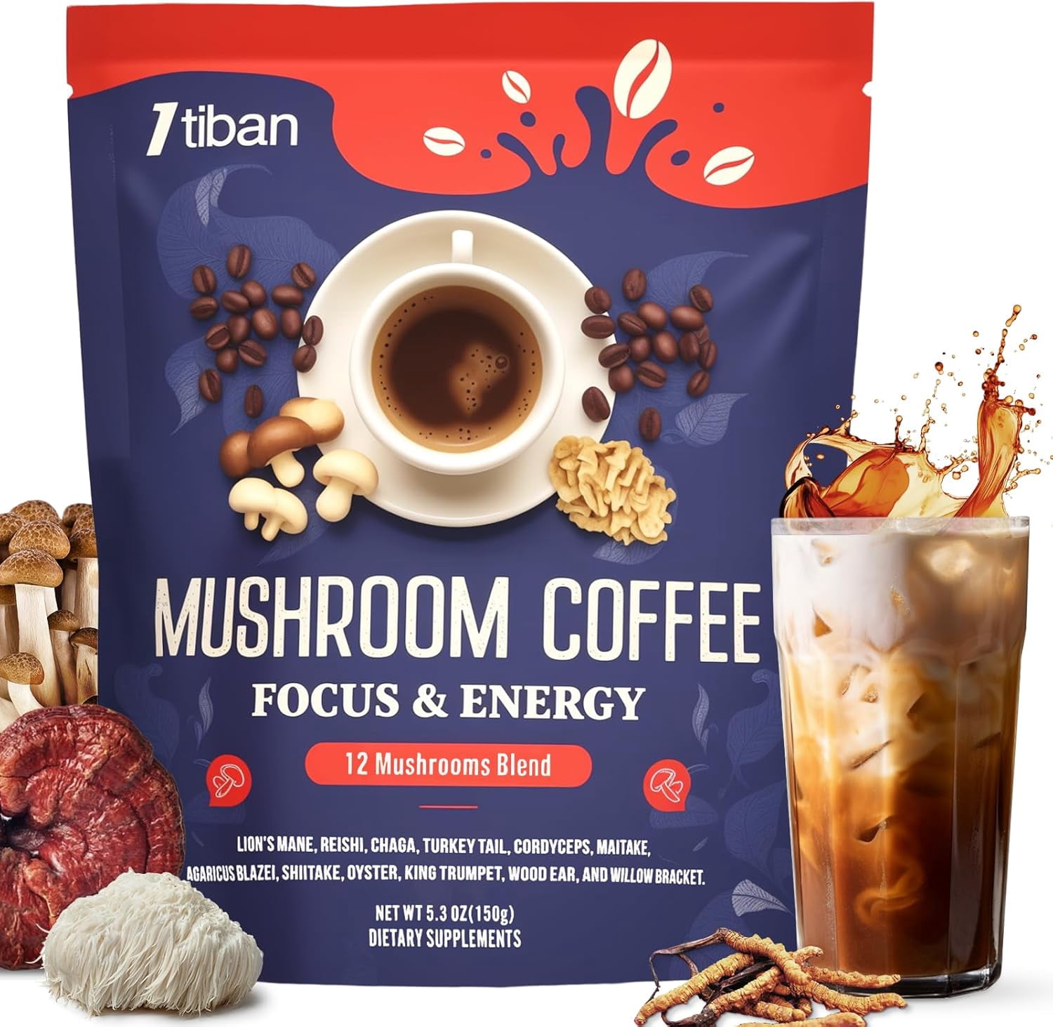 Mushroom Coffee, 12 Mushrooms Powder Blend Ashwagandha, Lion's Mane, Chaga and Probiotics, Mushrooms Instant Coffee Latte for Focus, Gut & Immunity Health- 30 Servings
