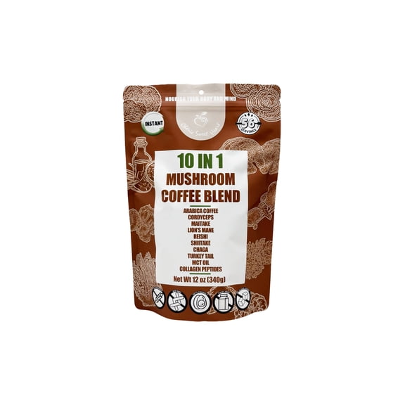 Mushroom Coffee Blend Powder, 10-in-1 with Lions Mane, Chaga, Cordyceps, Turkey Tail, MCT Oil, Collagen & Other, 12 oz, by Cherie Sweet Heart