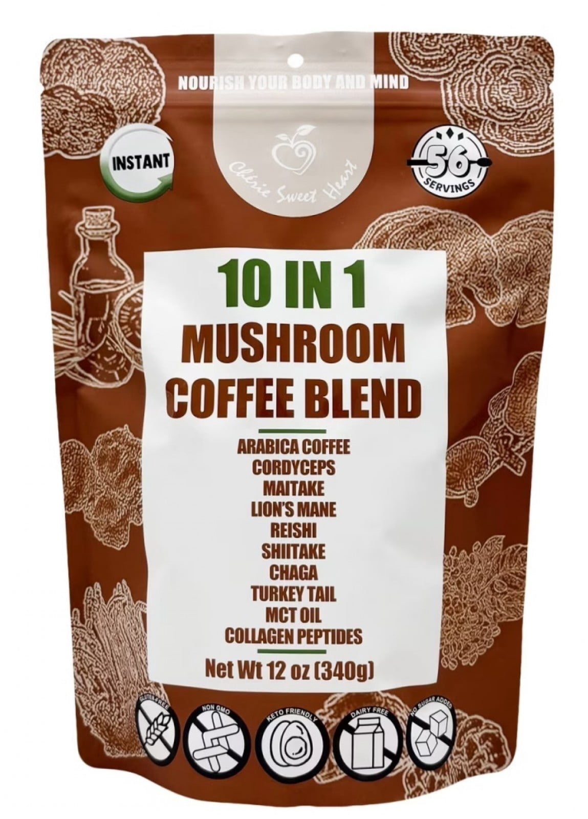 Mushroom Coffee Blend Powder, 10-in-1 with Lions Mane, Chaga, Cordyceps, Turkey Tail, MCT Oil, Collagen & Other, 12 oz,