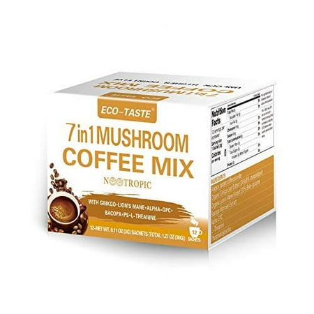 Mushroom Coffee Mix 7 in 1, with Ginkgo, Lions Mane, Alpha-GPC, Bacopa, PS, L-Theanine - 12 Sachets
