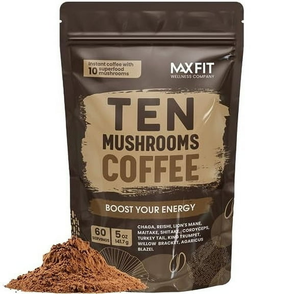 Mushroom Coffee Organic (60 Servings) 10 Mushrooms (Lions Mane, Cordyceps, Turkey Tail & Other) Mixed With Gourmet Arabica Instant Immune Boosting Coffee for Focus & Gut Health Support