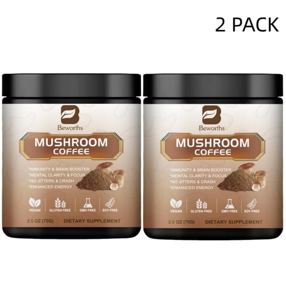 Mushroom Coffee - Organic Instant Coffee Mix with Reishi, Cordyceps, Lion's Mane, Chaga & Turkey Tail Mushrooms - Mushroom Coffee Powder for Energy, Mental Clarity & Focus, 140g/5oz, 2 PACK