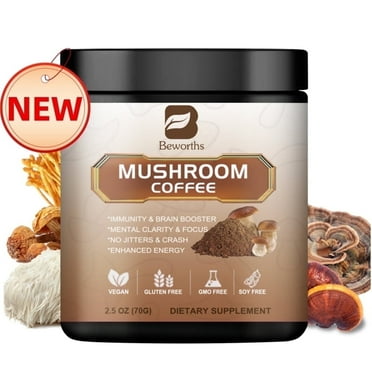Mushroom Coffee - Organic Instant Coffee Mix with Reishi, Cordyceps, Lion's Mane, Chaga & Turkey Tail Mushrooms - Mushroom Coffee Powder for Energy, Mental Clarity & Focus, 70g/2.5oz