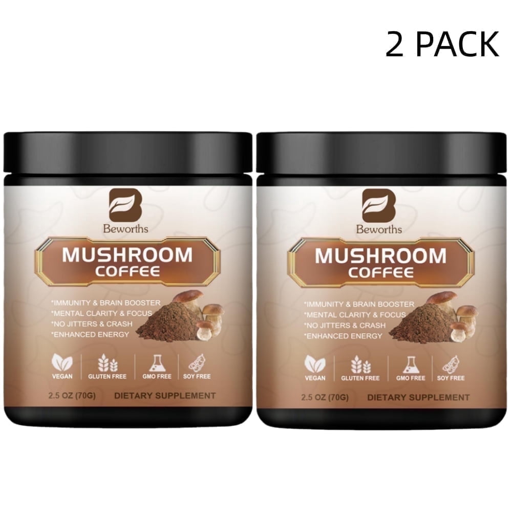 Mushroom Coffee - Organic Instant Coffee Mix with Reishi, Cordyceps, Lion's Mane, Chaga & Turkey Tail Mushrooms - Mushroom Coffee Powder for Energy & Focus, 140g/5oz, 2 PACK