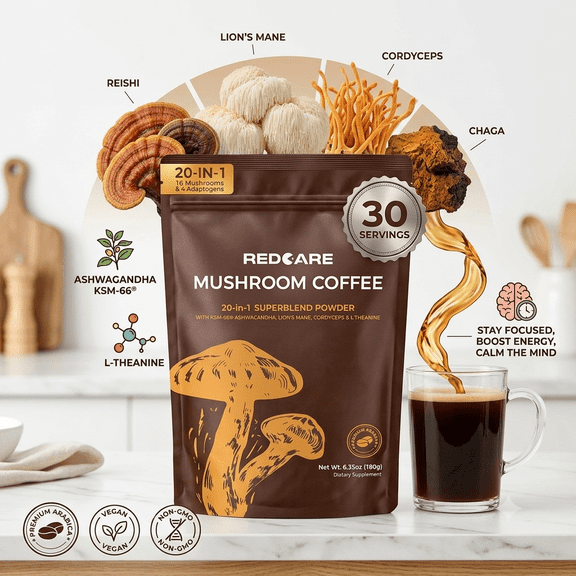 Mushroom Coffee, Organic Mushroom Coffee Powder Supplements with Lion's Mane, Reishi, Chaga, Cordyceps, for Better Focus and Immune Support, 6.35oz - 30 Servings