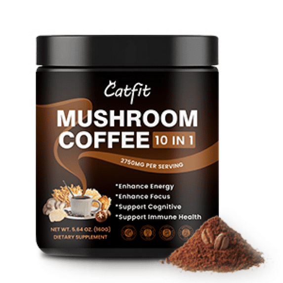 Mushroom Coffee Powder 2750 mg, 10-in-1 Mushroom Complex Supplement 160g (5.64 oz), By Catfit