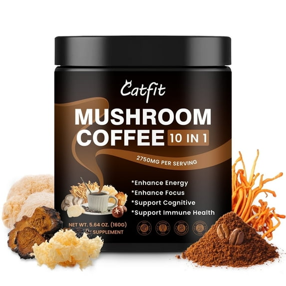 Mushroom Coffee Powder 2750 mg, 10-in-1 Mushroom Supplement with Lions Mane & Chaga 5.64 oz, by Catfit