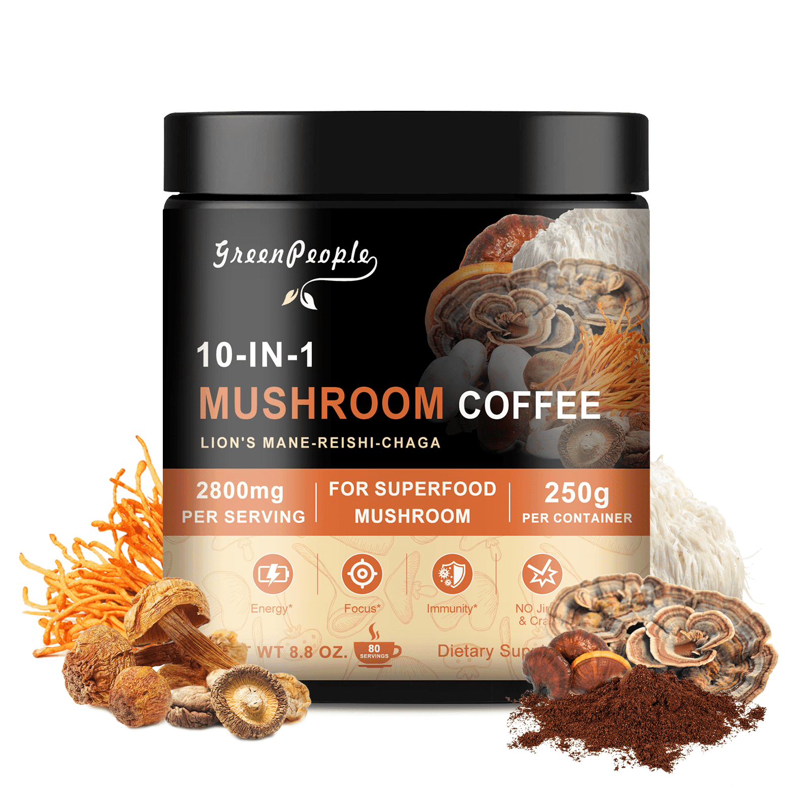 GreenPeople Mushroom Coffee Powder 120g, 10-in-1 Blend with Lion's Mane, Reishi, Cordyceps