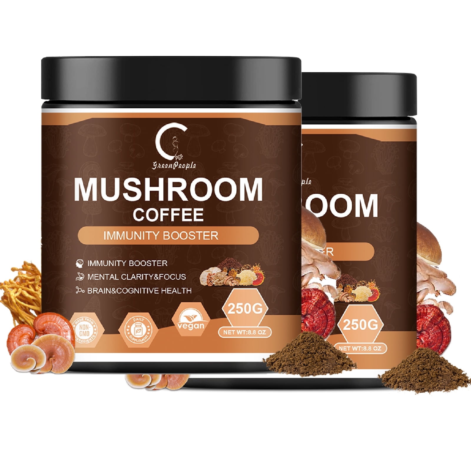 Mushroom Coffee Powder,Organic Instant Coffee Mushroom Supplement Powder, Mushroom Coffee Blend Complex for Focus & Memory,Brain, 8.8Oz(250g)