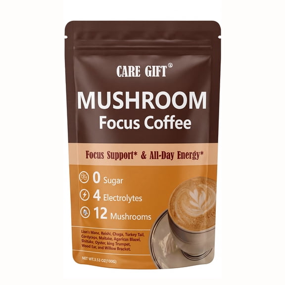 Mushroom Coffee Powder with Spoon , Organic Functional Instant Coffee w/ 12 Mushroom Blend Lions Mane Turkey Tail, etc. for Focus Energy Immunity, Sugar-Free, Keto Vegan,4 Electrolytes 3.53oz
