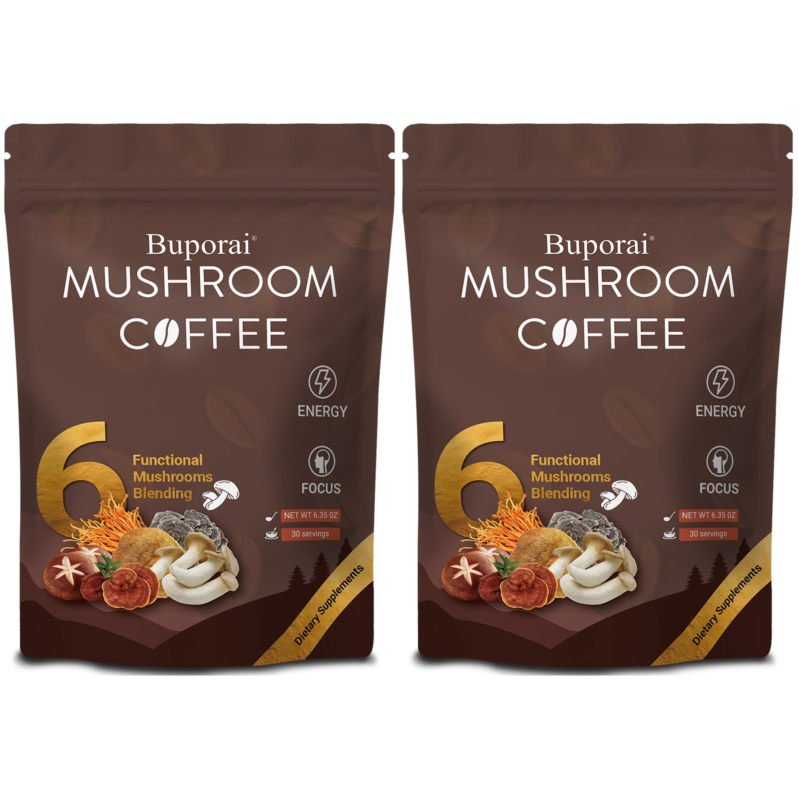 Mushroom Coffee - Supports Energy, Focus, Digestion & Immunity - with Lion's Mane, Reishi, Cordyceps, Shiitake and Turkey Tail - 2 Bags(60 Servings)