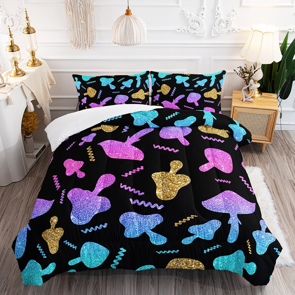 Mushroom Comforter Set Kids Bedding Set Twin Black Gradient Mushroom Duvet Cover 3D Colorful Mushroom Comforter Set Psychedelic Plant Down Comforter1 Sheet + 2 Pillowcase