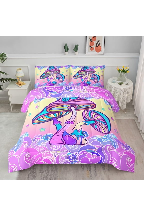 Mushroom Comforter Set Twin,Colorful Mushroom Bedding Sets,Trippy Mushroom Comforter Girls Bedding Set,Hippie Comforter Rainbow Clouds for Kids Teens Aldults,1 Quilt 2 Pillowcases,Pink Blue