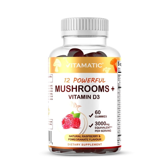 Mushroom Complex with D3 Gummies 3000 mg Equivalent Per Serving - 60 Pectin Based Gummies
