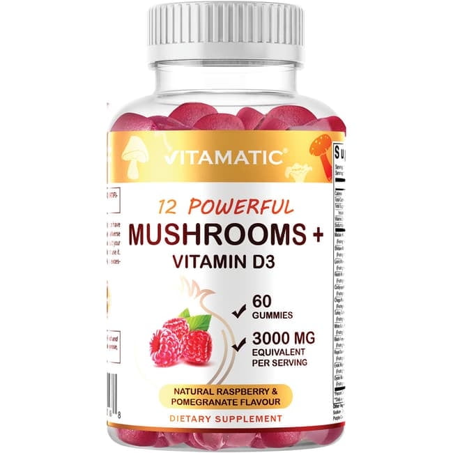 Mushroom Complex with D3 Gummies 3000 mg Equivalent Per Serving - 60 Pectin Based Gummies