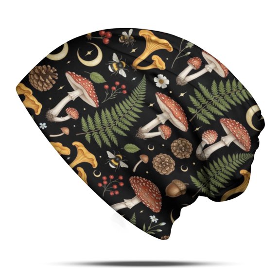 Mushroom and Cone Black Pattern Slouchy Beanie Hat, Casual Daily Hat with Stretchy Fabric & Soft Texture, Stretchy Polyester Gifts for Home Daily Outdoor