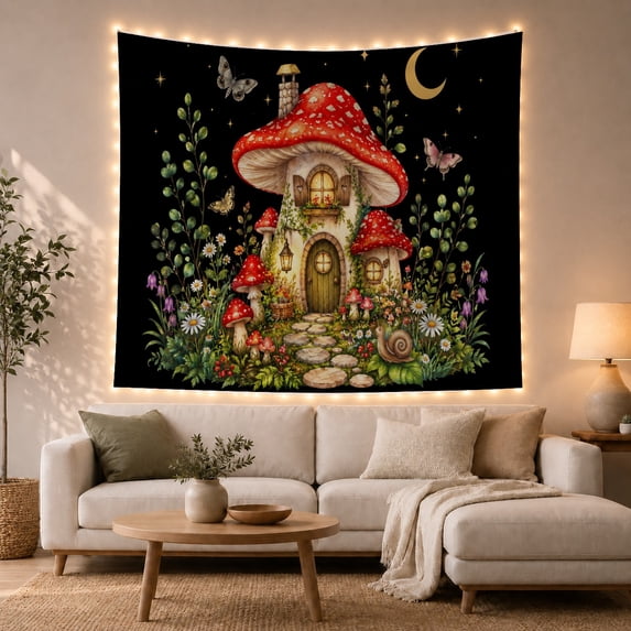 Mushroom Cottage Among Flowers Beneath a Crescent Moon, Cozy Fantasy for Cottagecore Fans, Forest Decor, Housewarming Gift, Tapestry Wall Hanging for Bedroom and Living Room