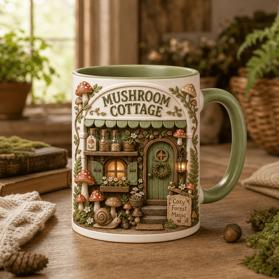 Mushroom Cottage Ceramic Mug, Cozy Forest Magic Coffee Cup Gift 11oz & 15oz