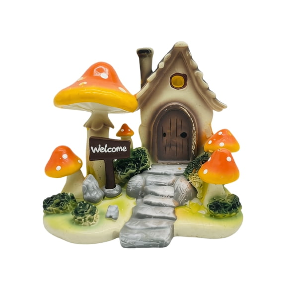 Mushroom Cottage Statue with Welcome Sign, Colorful Resin Fairy Garden House for Outdoor Lawn, Patio and Home Landscape Decoration