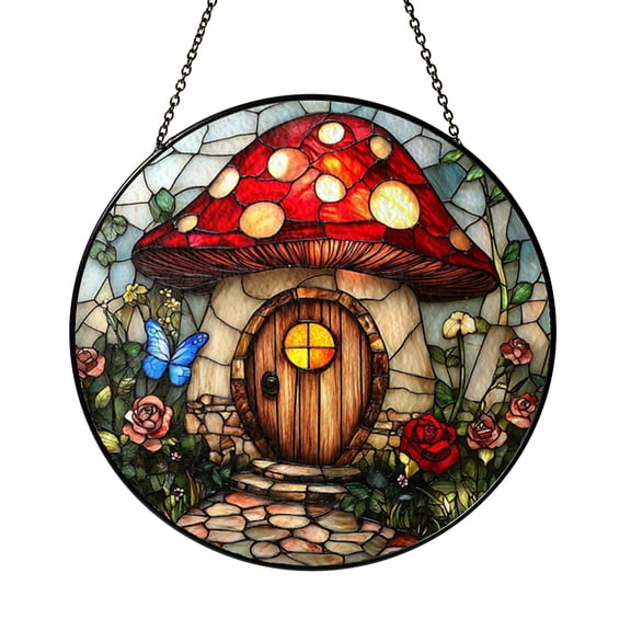 Mushroom Cottage Window Hanging Acrylic Suncatcher, Stained Glass Style Forest House Window Panel Art Decor, Fantasy Garden Inspired Window Decoration, Nature Theme Gift for Cottage Decor Lovers