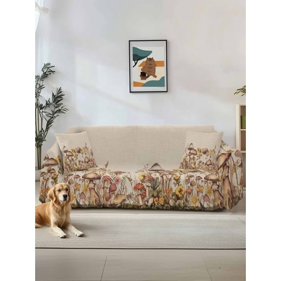 Mushroom Couch Cover Sofa Covers 3 Cushion Sectional Couch, Farmhouse Summer Botanical Floral Rustic Washable Sofa Covers Slipcover Sectional Sofa Cover, Furniture Protector 71"x150"