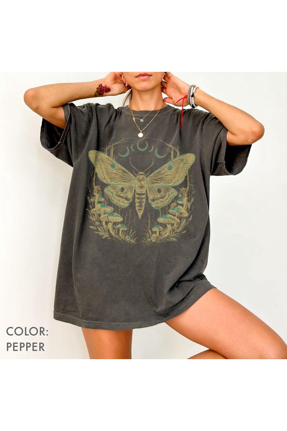Mushroom Crescent Moon Moth Shirt, Lunar Phase Butterfly Dark Cottagecore Graphic Tee Comfort Colors Unisex Cotton T-Shirt, Size S-3XL