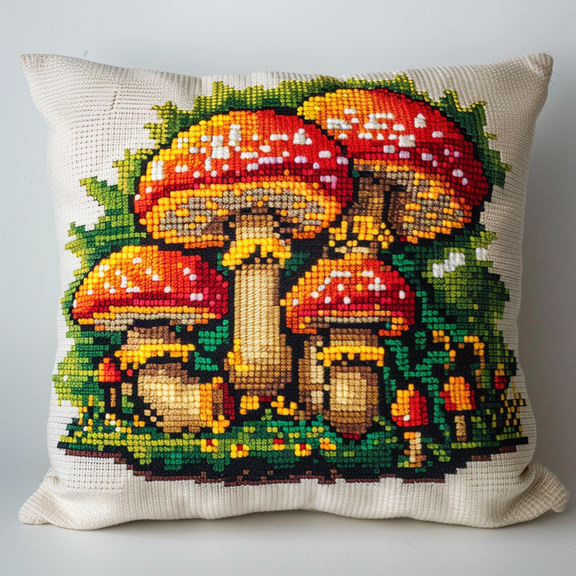 Mushroom Cross Stitch Pillow Cover Kit , 45X45cm , Needlepoint Craft Set Handmade Craft for Sofa Home Decor (11 Count)