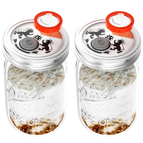 Mushroom Cultivation Mason Kit ,70 mm Mouth 500 ml Mason Jar with Metal-PP Split Type Rust-Proof Lids, PTFE Filters & Self-Healing Injection Ports for Grain Mushroom Growing, 2 set