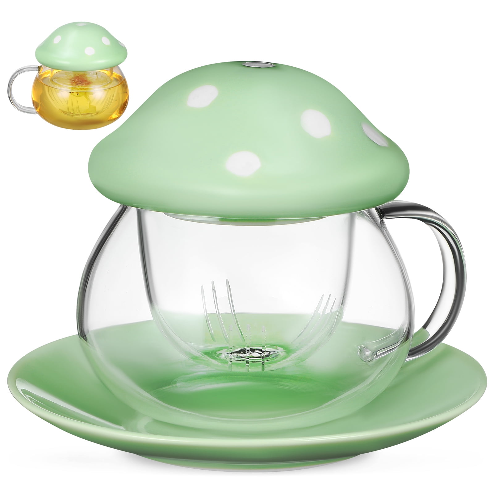 Mushroom Cup Small Tea Teacup with Strainer and Lid Lovely Mug Clear