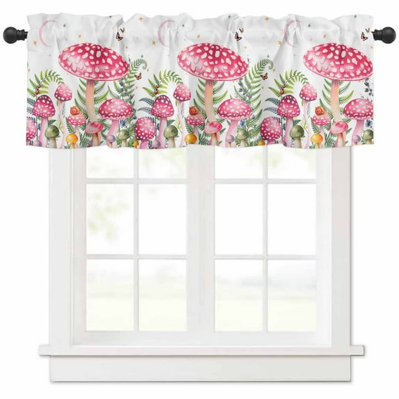 Mushroom Curtain Valance for Windows/Kitchen/Living Room/Bedroom, Pink Butterfly Rustic Botanical Leaf Rod Pocket Window Treatment Short Drape Topper Small Tier Cafe Curtains Panel 54X18