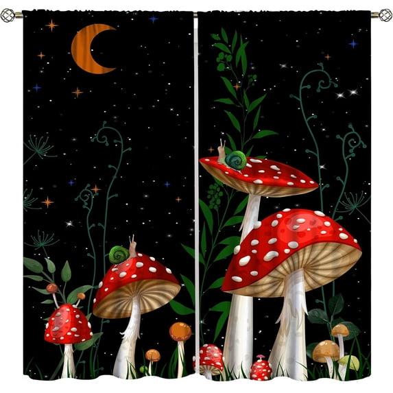 Mushroom Curtains,Dream Forest Plants Beautiful Moon Animals Snails Printed Curtains Home Bedroom Living Room Kitchen Curtains 52x84in