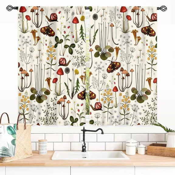 Mushroom Curtains for Kitchen, Farmhouse Country Wild Floral Botanical Mushroom Cottagecore Nature Plants Herbs Blackout Window Treatments Drapes for Bedroom Living Room, 55x39 Inch