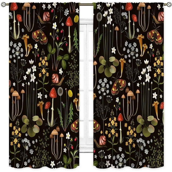 Mushroom Curtains, Retro Wild Floral Botanical Mushroom Cottagecore Nature Plants Herbs Farmhouse Blackout Drapes for Kitchen Bedroom Living Room Window Treatments 2 Panels, 28"x40" Inch