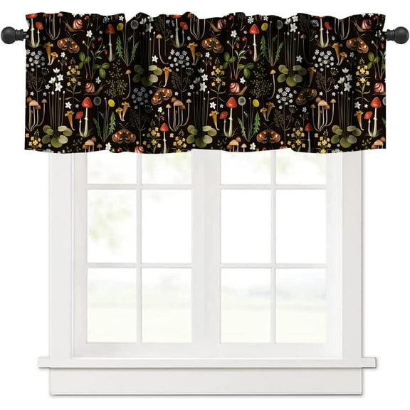 Mushroom Curtains Valance, Rustic Forest Woodland Plant Pattern Farmhouse Cottage Bedroom Living Room Valance 54x18in