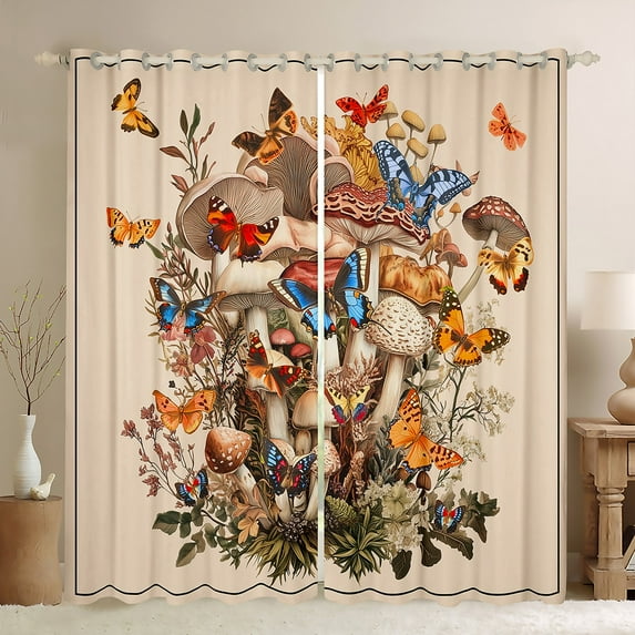 Mushroom Curtains,Vintage Floral Butterfly Curtains Drapes Adults,Farmhouse Country Plant Curtains Bedroom Decor Aesthetic Retro Window Curtains 2 Panels 38"Wx45"L