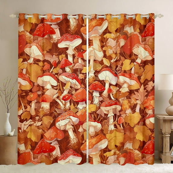 Mushroom Curtains,Watercolor Mushroom Curtains Drapes Kawaii Bedroom Decor,Autumn Fall Leaves Curtains Country Farmhouse Window Curtains 2 Panels 42"Wx84"L