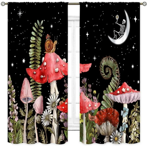Mushroom Curtains, Wild Floral Botanical Mushroom Cottagecore Nature Plants Herbs Blackout Drapes for Kitchen Bedroom Living Room Fairy Forest Black Window Treatments 2 Panels, 28"x40" Inch
