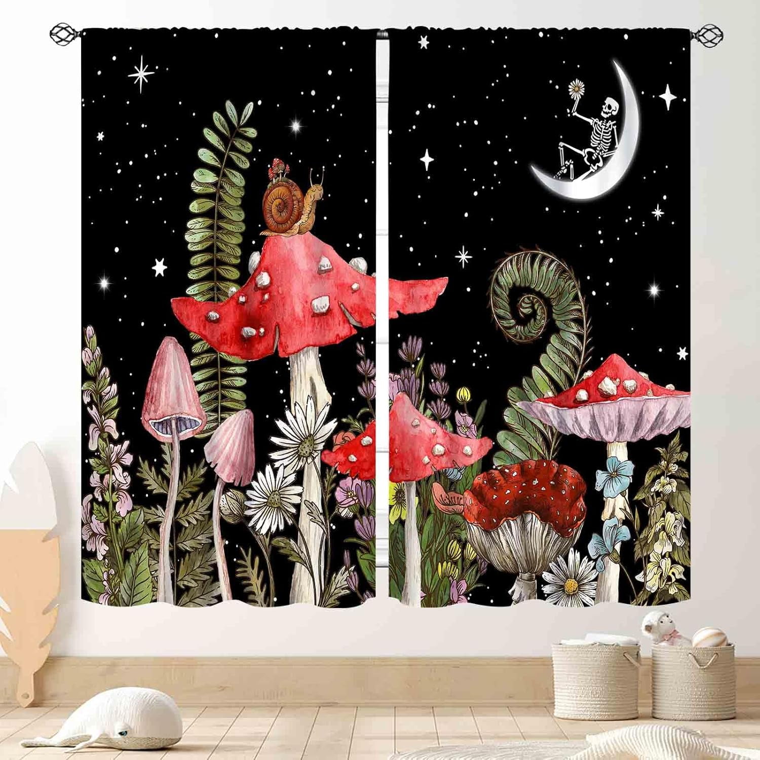 Mushroom Curtains, Wild Floral Botanical Mushroom Cottagecore Nature Plants Herbs Blackout Drapes for Kitchen Bedroom Living Room Fairy Forest Black Window Treatments 2 Panels, 84"x63" Inch