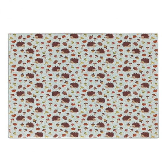Mushroom Cutting Board, Autumn Inspired Pattern with Natural Elements Hedgehogs Acorns and Apples, Decorative Tempered Glass Cutting and Serving Board, Small Size, Multicolor, by Ambesonne