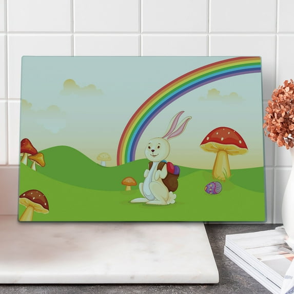 Mushroom Cutting Board, Bunny with Easter Egg Under Rainbow Happy Rabbit in Nature Theme Fun Design, Decorative Tempered Glass Cutting and Serving Board, Large Size, Multicolor, by Ambesonne
