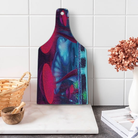 Mushroom Cutting Board, Magic Mushrooms with Vibrant Neon Design Graphic Image Enchanted Forest Theme Print, Tempered Glass Cutting and Serving Board, Wine Bottle Shape, Blue Red, by Ambesonne