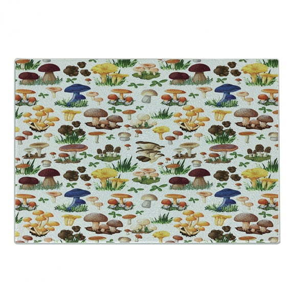 Mushroom Cutting Board, Pattern Types of Mushrooms Wild Species Natural Organic Food Garden Theme, Decorative Tempered Glass Cutting and Serving Board, Small Size, Multicolor, by Ambesonne