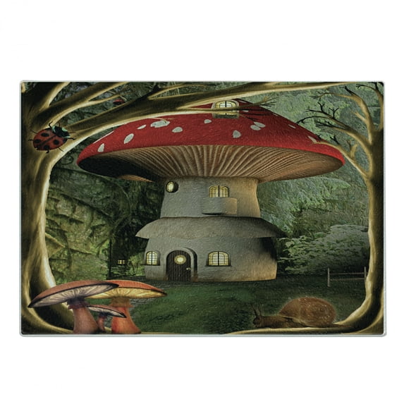 Mushroom Cutting Board, Shroom House in Enchanted Forest Ladybug and Snail Whimsical Tree, Decorative Tempered Glass Cutting and Serving Board, Small Size, Red Pale Coffee Green, by Ambesonne