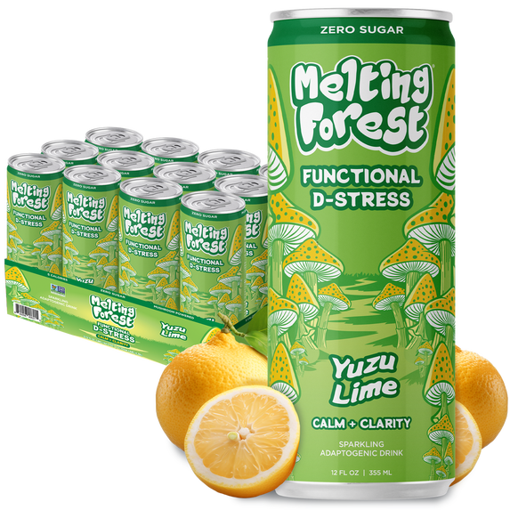 Melting Forest D-Stress Drink, Mushroom-Infused Seltzer, 5 Calories, Zero Sugar, Yuzu Lime, 12-Pack