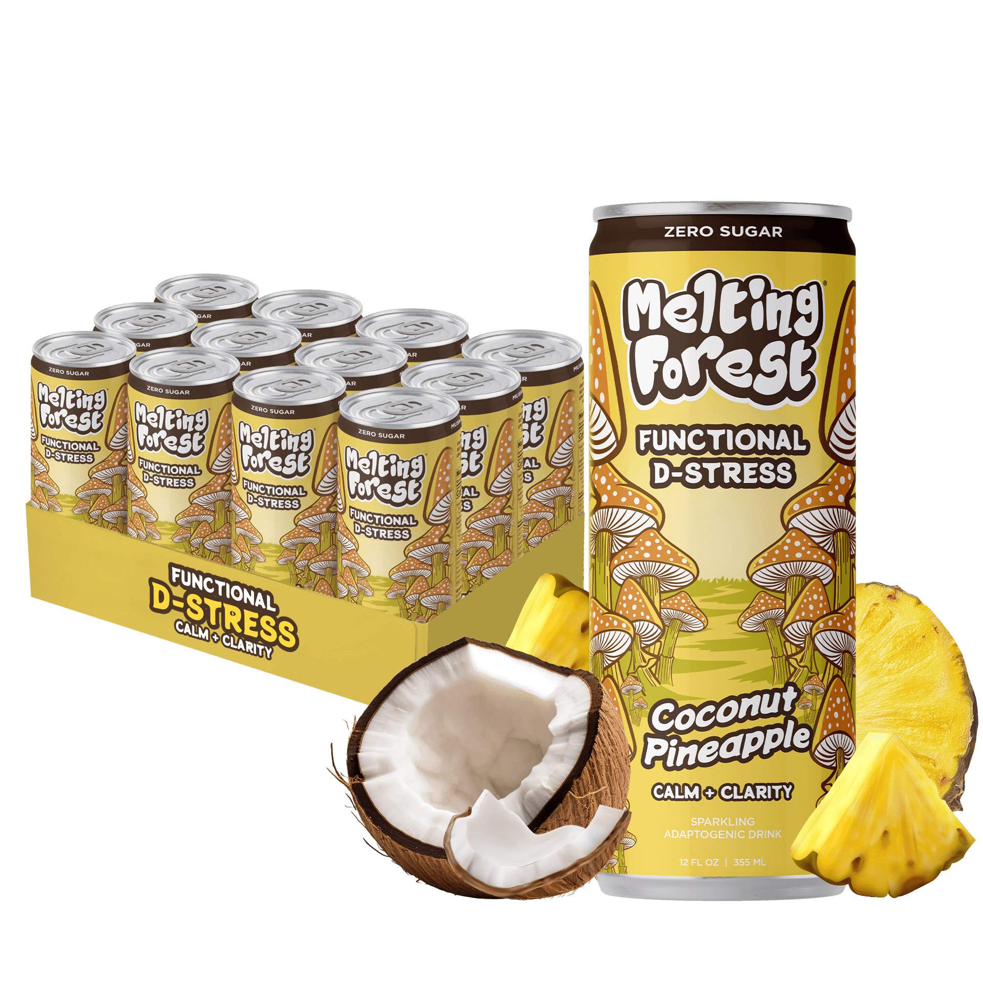 Melting Forest D-Stress Drink Coconut Pineapple Mushroom-Infused Seltzer 5 Calories Zero Sugar 12-Pack 12 fl oz