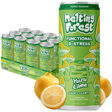 Melting Forest Yuzu Lime D-Stress Mushroom Energy Drink, Adaptogen, Reishi, Zero Sugar, 12 Pack